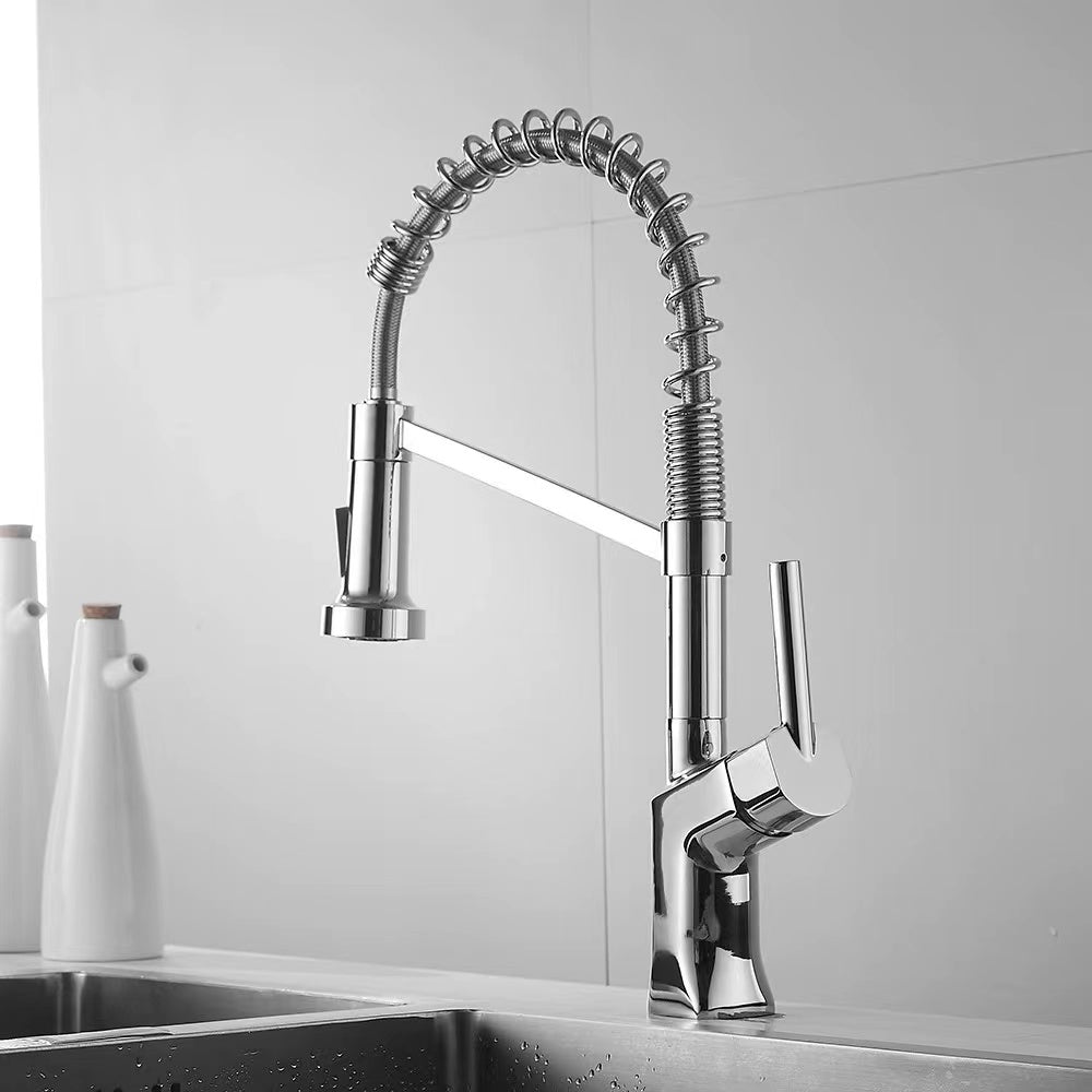 Modern Polished Chrome Brass Kitchen Sink Faucet Pull Out Single Handle Swivel Spout Vessel Sink Mixer Tap - WELQUEEN HOME DECOR
