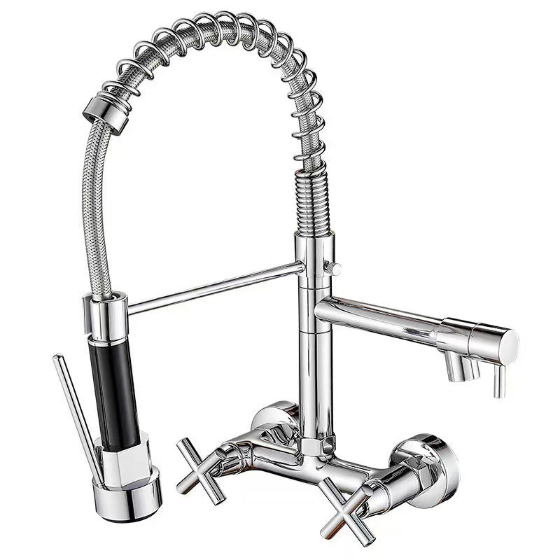 Brushed Spring Pull Down Kitchen Faucet Cold Water Dual Spouts Handheld Shower Kitchen Taps Wall Mounted Kitchen Washing Crane - WELQUEEN HOME DECOR WELQUEEN HOME DECOR