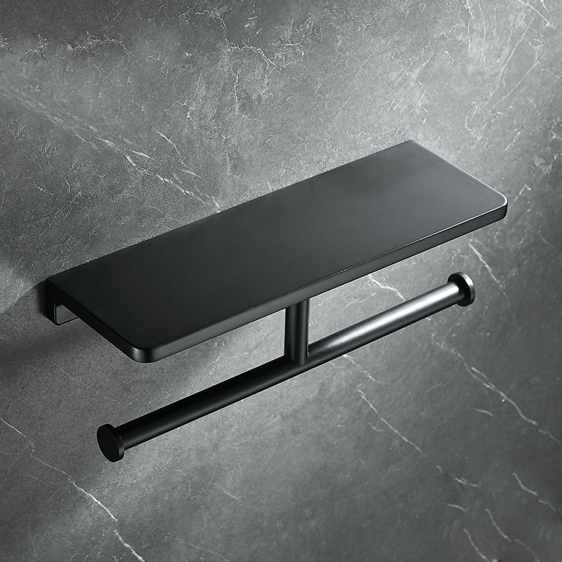 Toilet Paper Holder with Shelf | Black Aluminum Roll Paper Holder Creative Mobile Phone Rack | Wall Mount Bathroom Paper Towel Rack