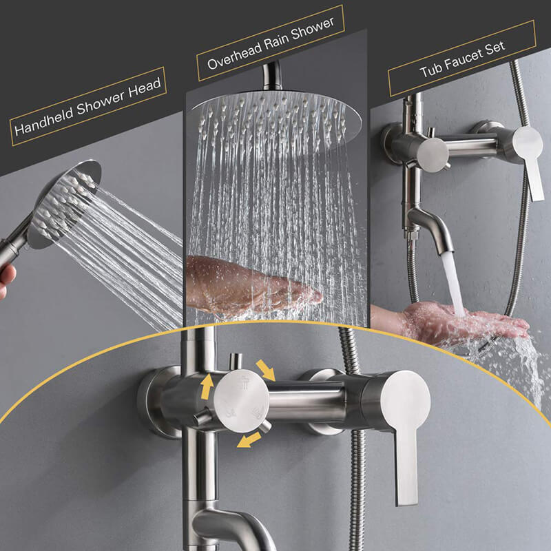 Bathroom Shower Column Set | SUS 304 Stainless Steel Bathroom Shower System | Wall Mounted Adjustable Triple Function Shower Faucet Brushed Nickel - WELQUEEN