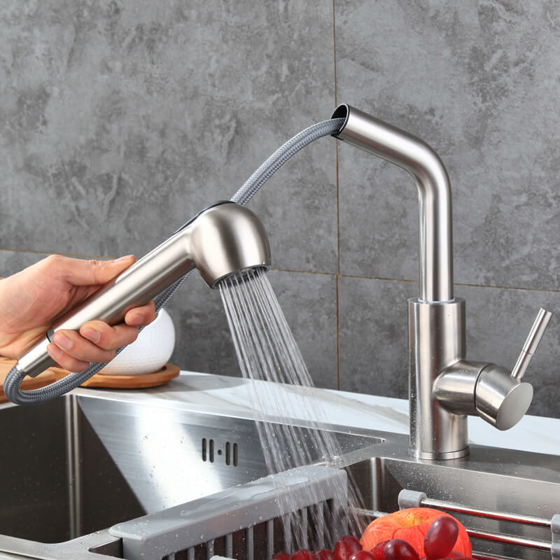 Commercial Stainless Steel Pull Out Kitchen Faucet | Single Handle Sprayer Bar Kitchen Faucet | Swivel Single Lever Kitchen Sink Faucet - WELQUEEN