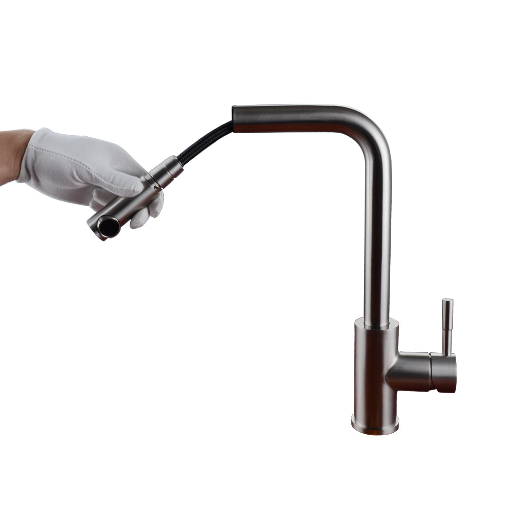 Single Handle Pull-Out Kitchen Faucet | Single Level Stainless Steel Kitchen Sink Faucets with Pull Down Sprayer - WELQUEEN