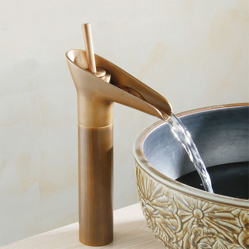 Classical Waterfall Basin Faucet | Single Handle Solid Brass Lavatory Faucet | Bathroom Sink Faucets In Antique Brass Finished - WELQUEEN