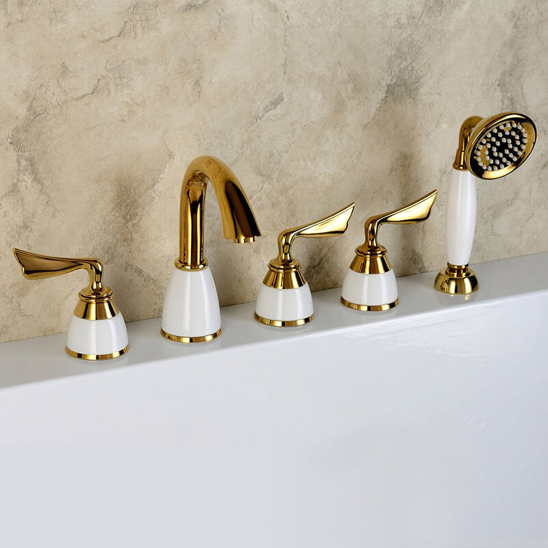 Brass Bathroom Tub Faucet | Deck Mounted Widespread 5 Holes Waterfall Bathtub Faucet - WELQUEEN