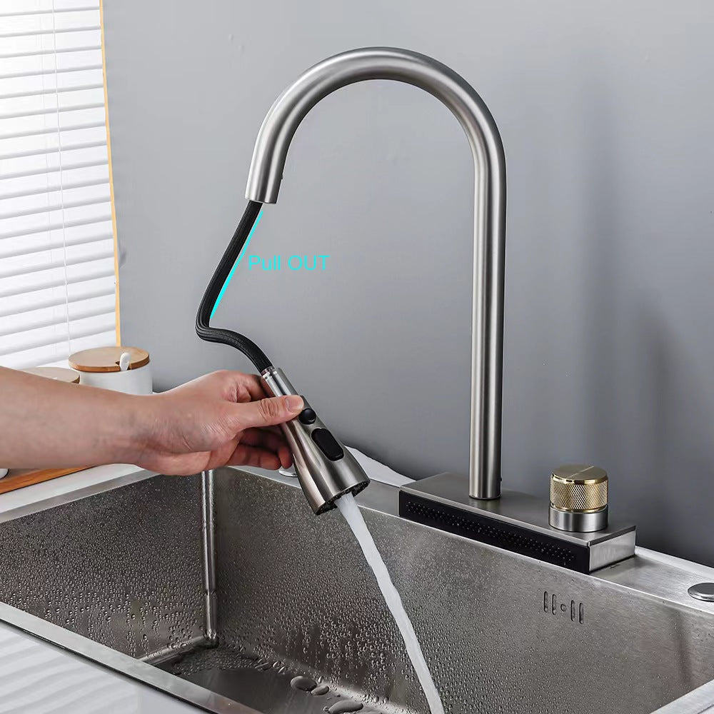 Waterfall Grey Sink Kitchen Faucet Hot Cold Mixer Wash Basin Multiple Water Outlets Rotation Flying Rain Tap Single Hole - WELQUEEN HOME DECOR WELQUEEN HOME DECOR