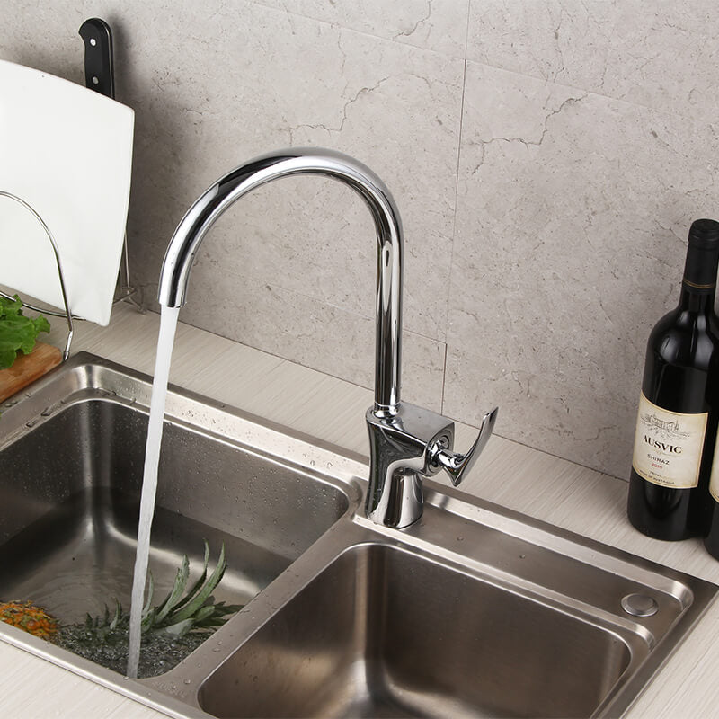High Arc Solid Brass Kitchen Faucet | Single Hole Kitchen Faucet In Chrome Plating | 360 Degree Swivel Single Lever Kitchen Sink Faucet - WELQUEEN