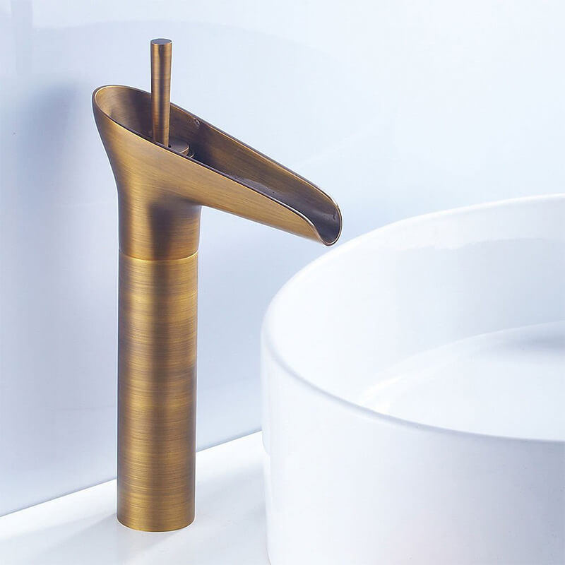 Classical Waterfall Basin Faucet | Single Handle Solid Brass Lavatory Faucet | Bathroom Sink Faucets In Antique Brass Finished - WELQUEEN