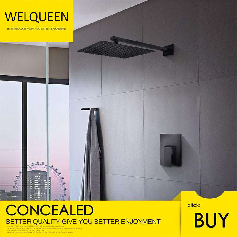 Free Shipping Black Rain Shower System Brass Fixed Shower Head Rain Mixer Shower Combo Wall Mount Shower Trim Kit with Rough-in - WELQUEEN