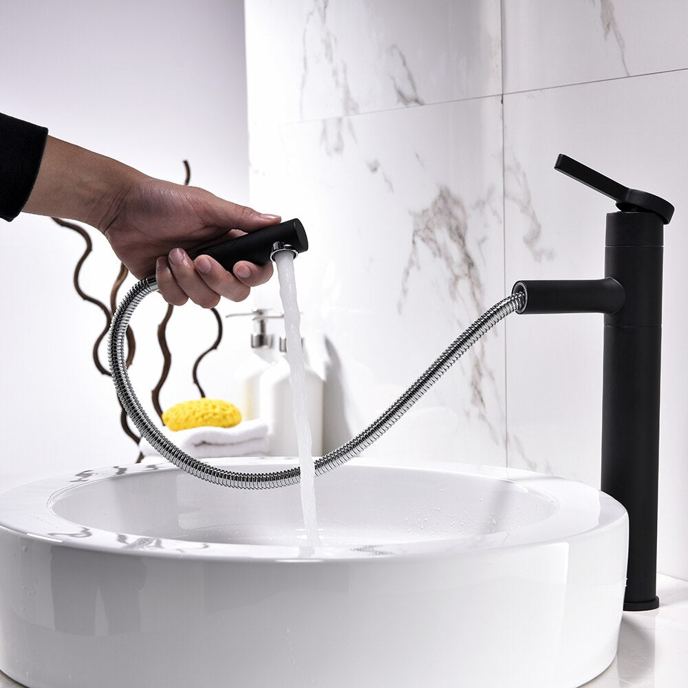 Free Shipping Brass Black Basin Faucet Bathroom Sink Faucet Pull-Out Wash Basin Sink Taps Deck Mounted 360 Degree Rotate Basin Mixer - WELQUEEN