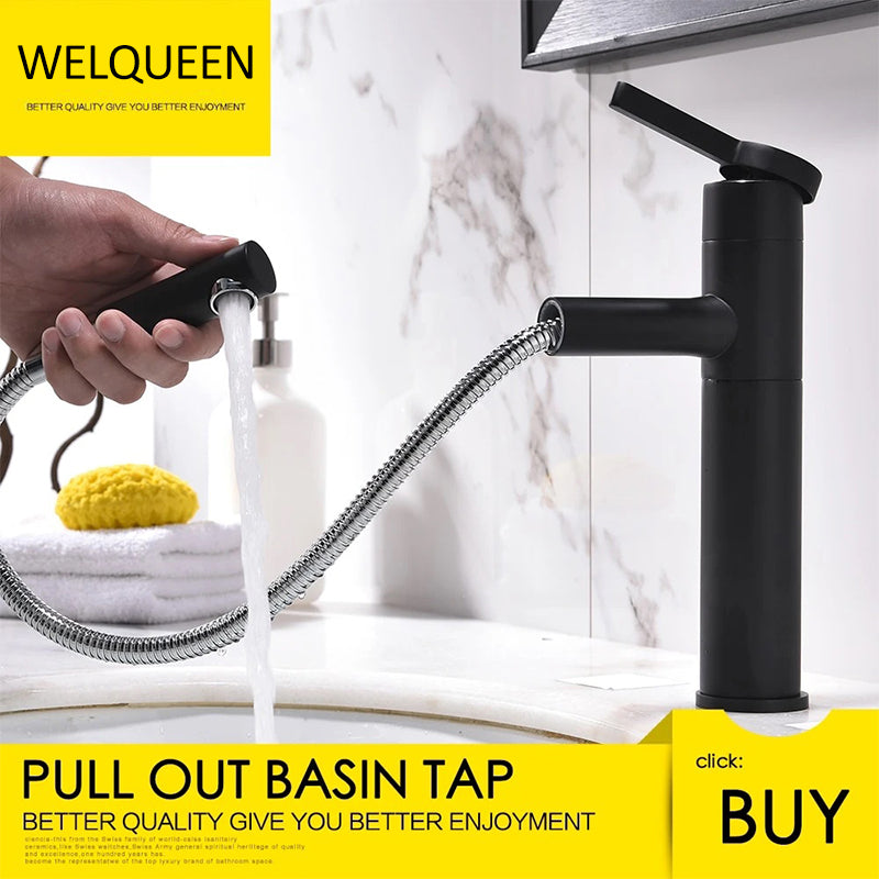 Free Shipping Brass Black Basin Faucet Bathroom Sink Faucet Pull-Out Wash Basin Sink Taps Deck Mounted 360 Degree Rotate Basin Mixer - WELQUEEN