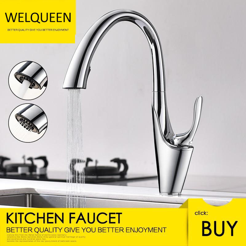Free Shipping Brass Brushed Chrome Pull-Out Kitchen Faucets with Concealed 360 Degree Rotating Sprayer Deck Mounted Kitchen Tap - WELQUEEN