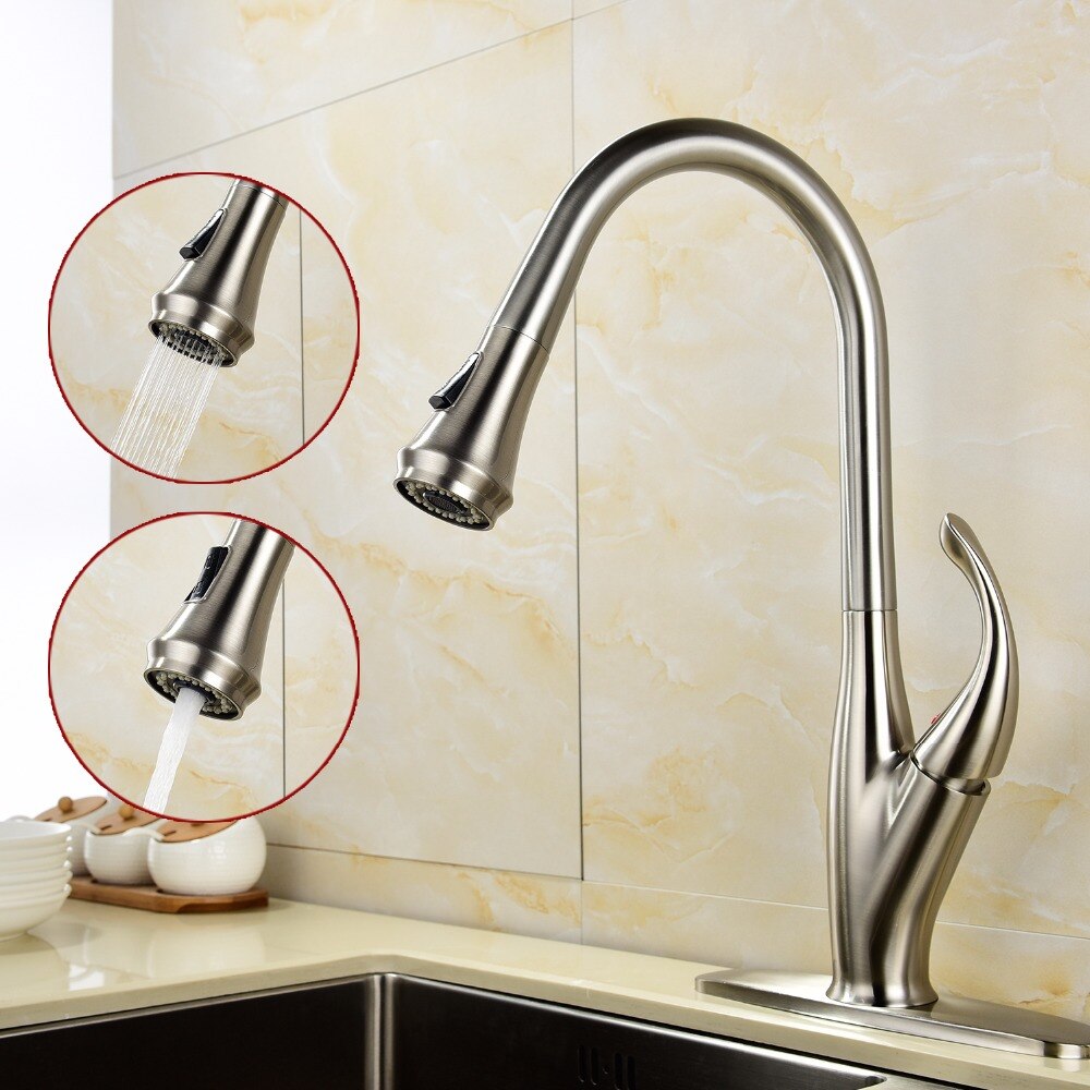 Free Shipping Brass Brushed Nickel Deck Mounted 360 Degree Rotating Pull Out Sprayer Kitchen Faucet Mixer Tap For Kitchen - WELQUEEN