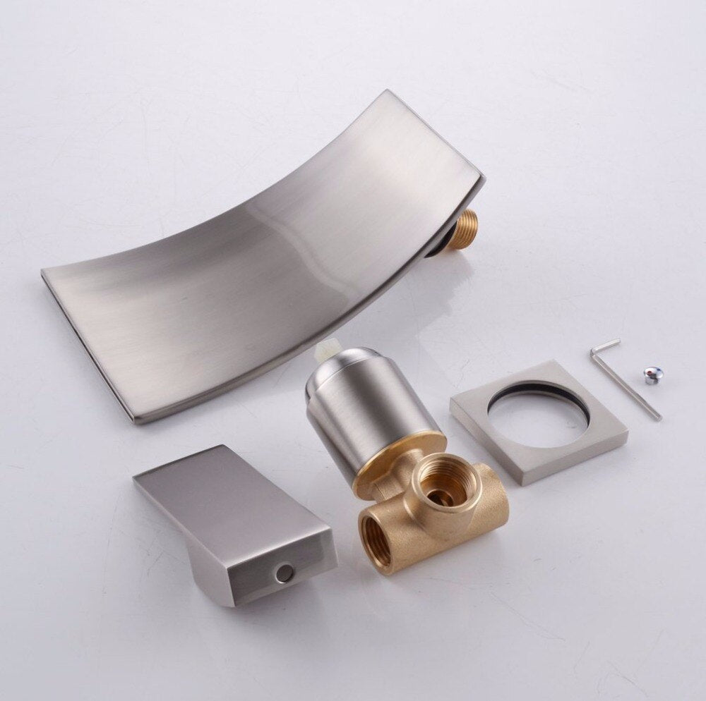 Free Shipping Brushed Nickel Wall Mounted Brass Waterfall Lavatory Sink Faucet Concealed Waterfall Basin Mixer Hot and Cold Tap - WELQUEEN
