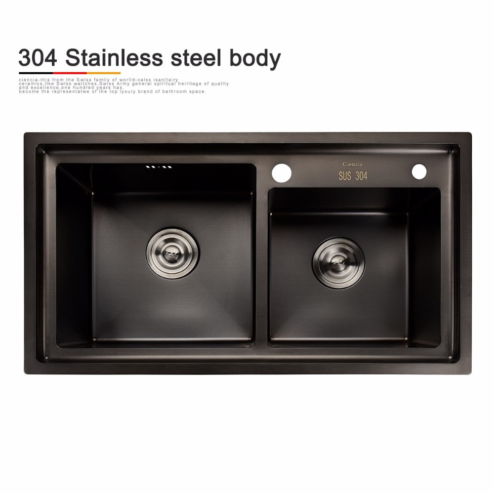 Free Shipping Stainless Steel Black DoubIe Under Mounted Kitchen Sink Set With Pull Out Faucet Double Layer - WELQUEEN