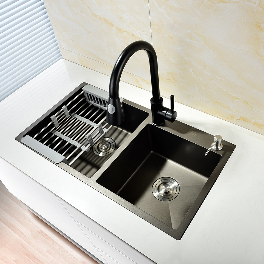 Free Shipping Stainless Steel Black DoubIe Under Mounted Kitchen Sink Set With Pull Out Faucet Not Sticky Oil For Kitchen - WELQUEEN