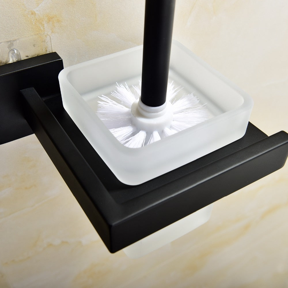 Free Shipping Stainless Steel Black Toilet Brush with Holder Wall Mounted Self Adhesive and Drilling Toilet Brush Set - WELQUEEN