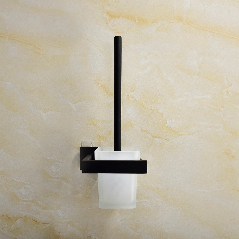 Free Shipping Stainless Steel Black Toilet Brush with Holder Wall Mounted Self Adhesive and Drilling Toilet Brush Set - WELQUEEN