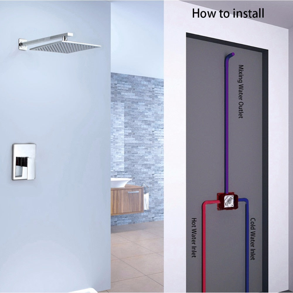 Free Shipping Rain Shower System Brass Fixed Shower Head Rain Mixer Shower Combo Wall Mount Shower Trim Kit with Rough-in Valve - WELQUEEN