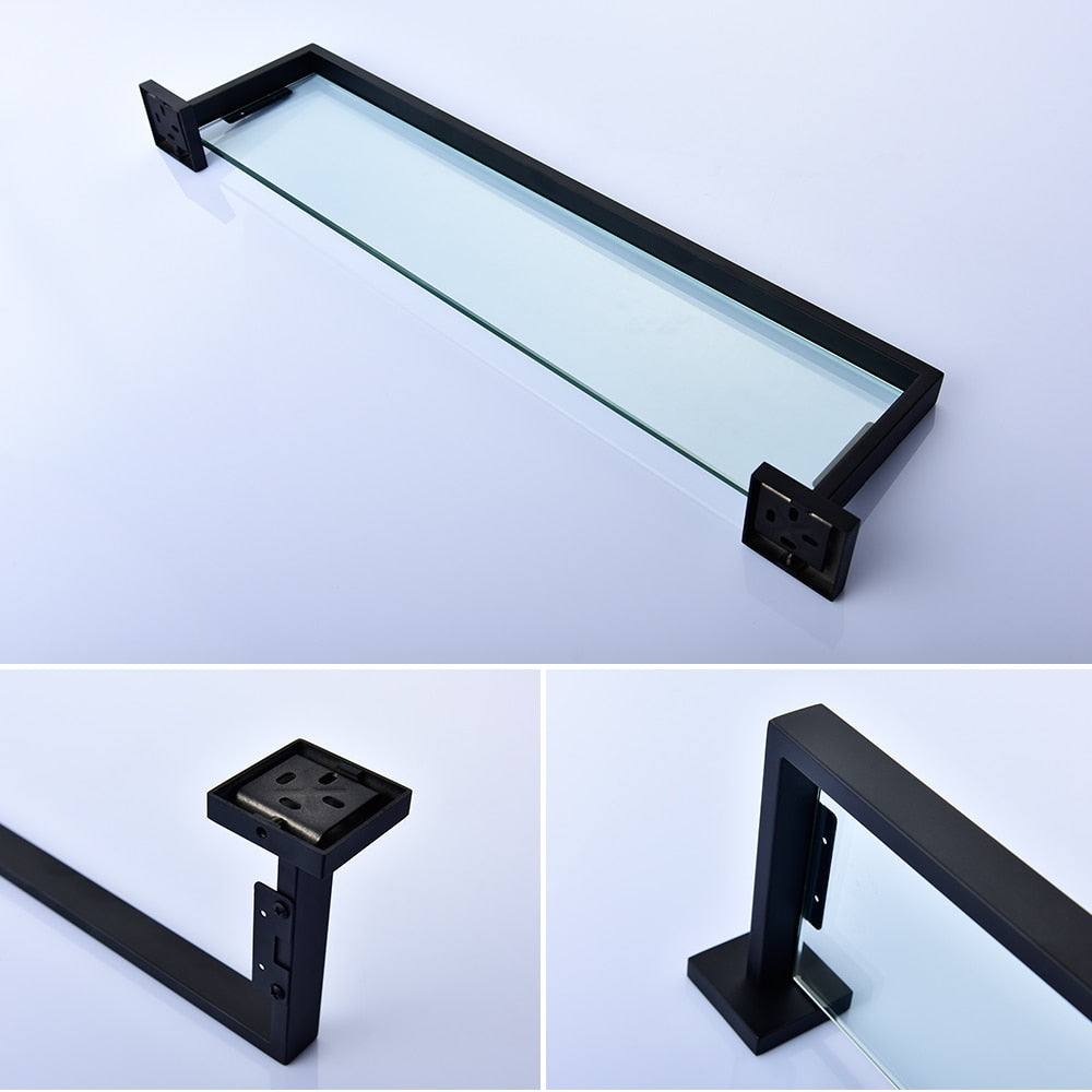 Free Shipping SUS304 Stainless Steel Seamless Self Adhesive Black Chrome Glass Towel Shelf Towel Hanger Bathroom Accessory - WELQUEEN