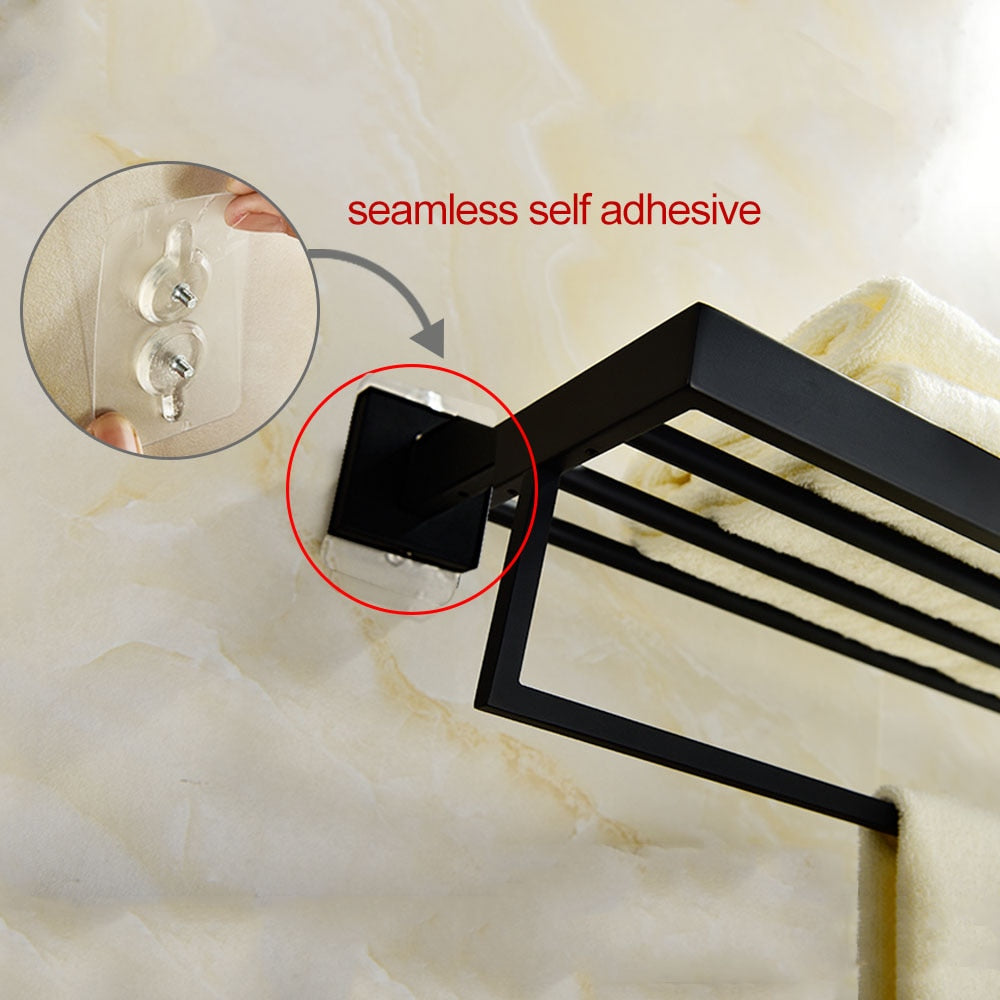 Free Shipping SUS304 Stainless Steel Seamless Self Adhesive Black Chrome Towel Rack With Bar Towel Hanger Bathroom Accessory - WELQUEEN