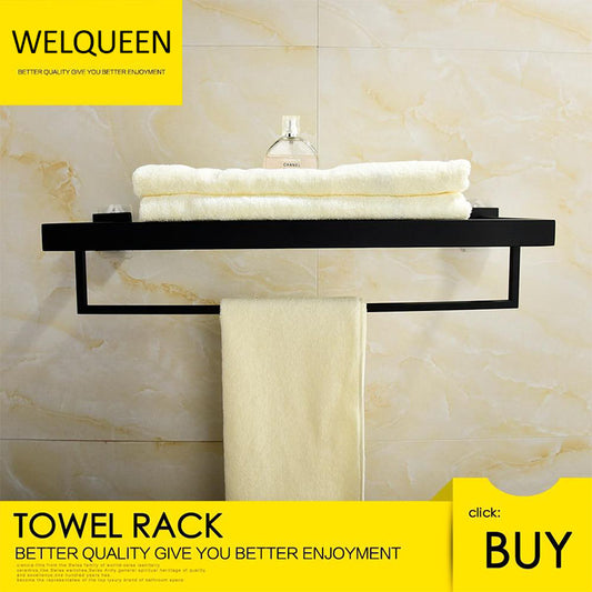 Free Shipping SUS304 Stainless Steel Seamless Self Adhesive Black Chrome Towel Rack With Bar Towel Hanger Bathroom Accessory - WELQUEEN