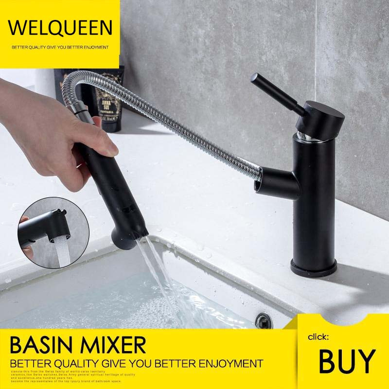 Free Shipping Brass Basin Faucet Multi-functional Stretch Faucet Black Cold and Hot Water Washing Basin Sitting Pull Out Faucet - WELQUEEN