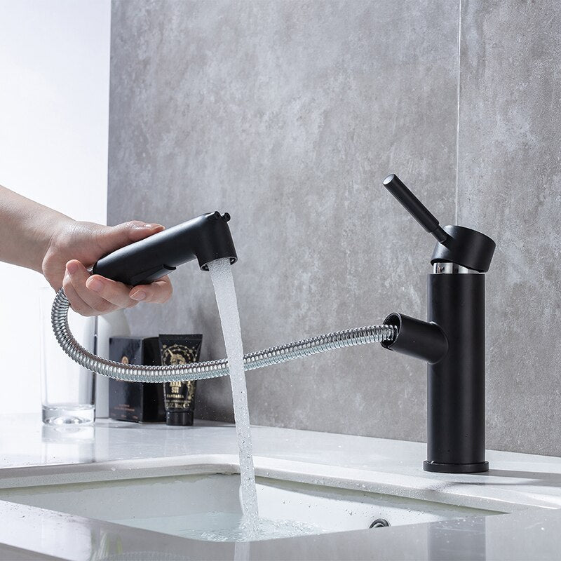 Free Shipping Brass Basin Faucet Multi-functional Stretch Faucet Black Cold and Hot Water Washing Basin Sitting Pull Out Faucet - WELQUEEN