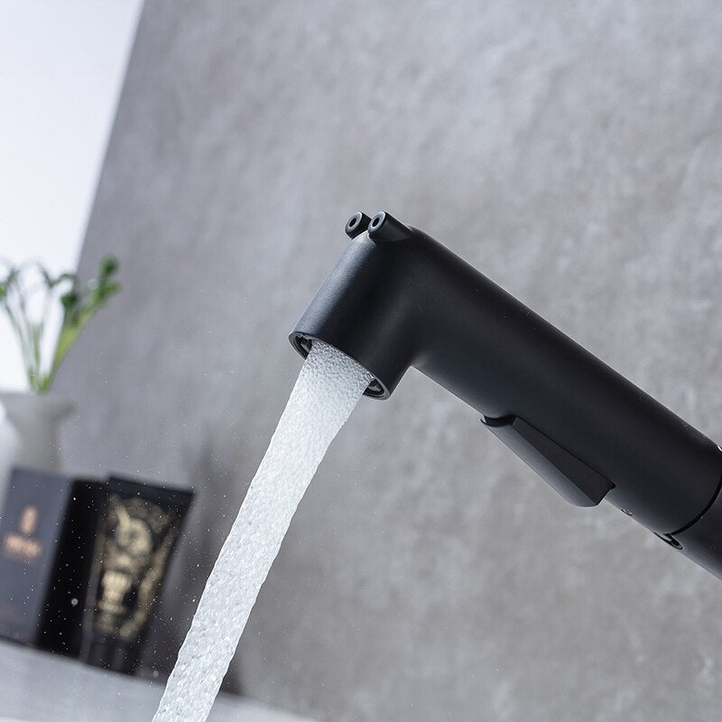 Free Shipping Brass Basin Faucet Multi-functional Stretch Faucet Black Cold and Hot Water Washing Basin Sitting Pull Out Faucet - WELQUEEN