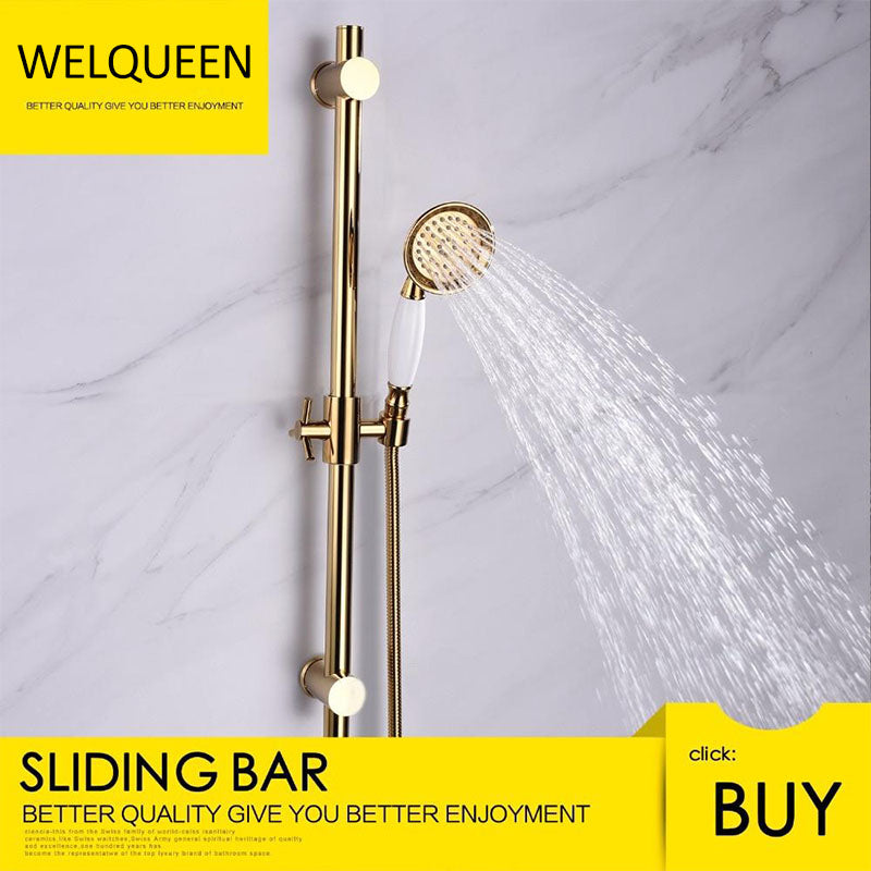 Free Shipping Brass Gold Metal Shower Sliding Bar With Height Adjustable for Bathroom with Shower Head Shower Hose - WELQUEEN