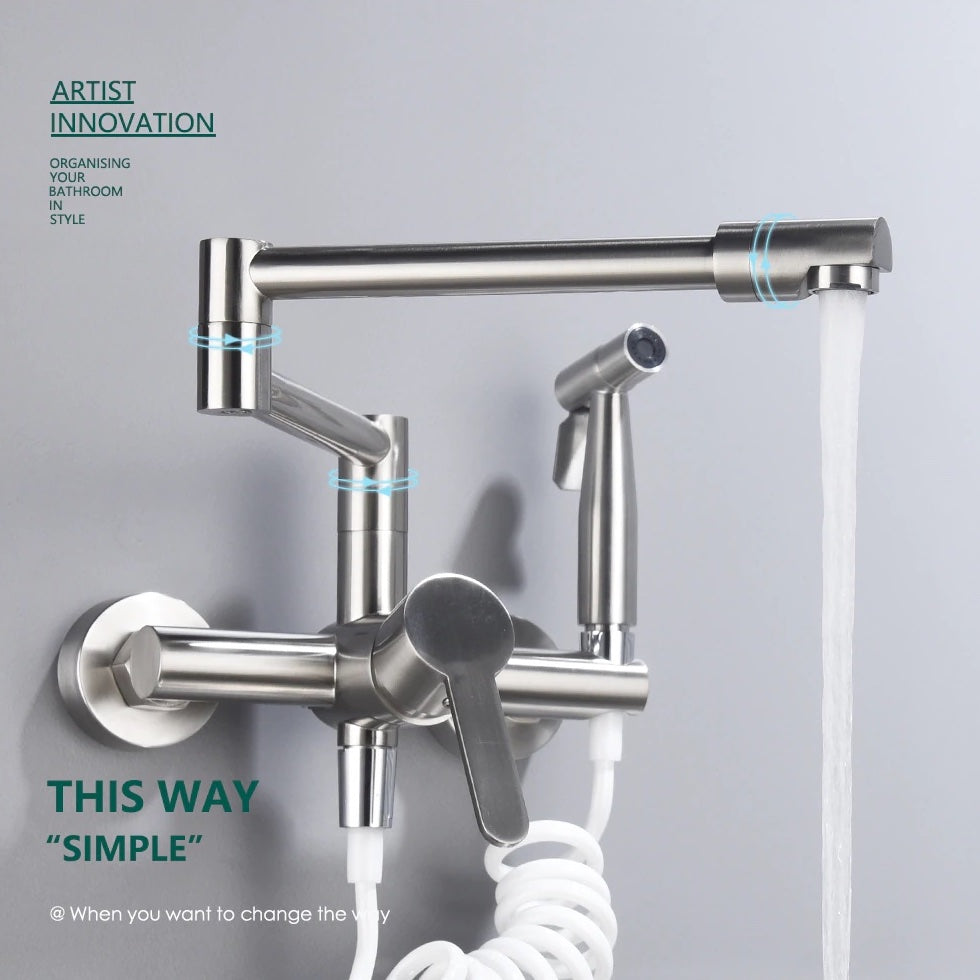 Brass Pot Filler Folding Faucet with Side Sprayer Kitchen Sink Faucet with Swing Arm and Double Function Joint - WELQUEEN