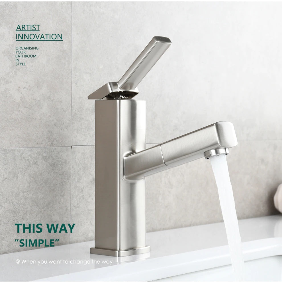 Brass Pulldown Basin Faucet with Pull Out Sprayer Single Lever Faucet for Bathroom Hot and Cold Water Faucet - WELQUEEN