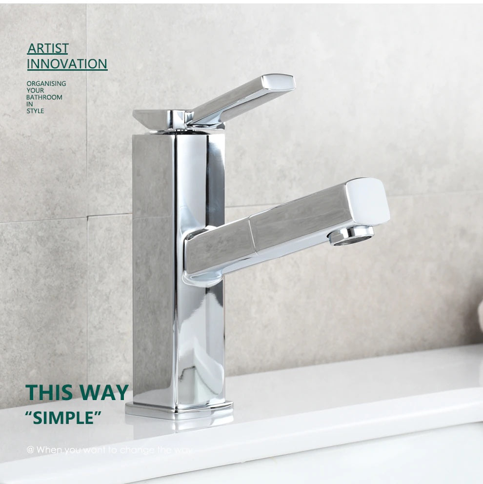Brass Pulldown Basin Faucet with Pull Out Sprayer Single Lever Faucet for Bathroom Hot and Cold Water Faucet - WELQUEEN