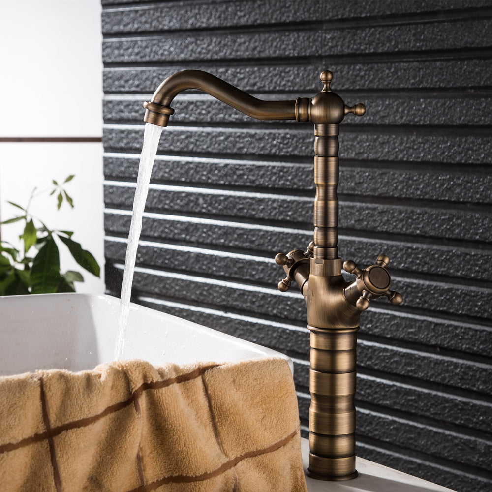 Bathroom Countertop Vessel Sink Faucet | Dual Handles Basin Mixer Taps | Retro Copper Basin Faucet - WELQUEEN HOME DECOR