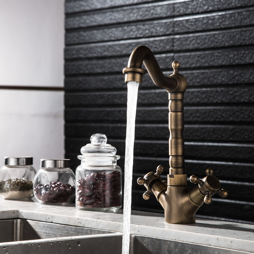Bathroom Countertop Vessel Sink Faucet | Dual Handles Basin Mixer Taps | Retro Copper Basin Faucet - WELQUEEN HOME DECOR