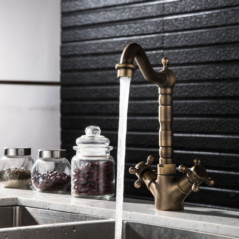 Bathroom Countertop Vessel Sink Faucet | Dual Handles Basin Mixer Taps | Retro Copper Basin Faucet - WELQUEEN HOME DECOR