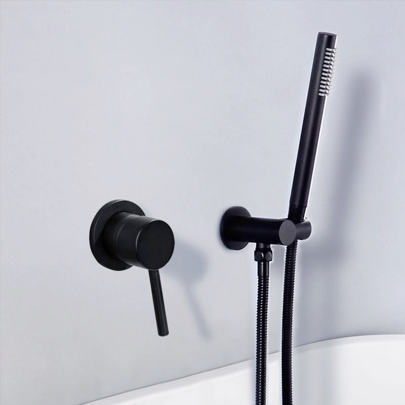 Matte Black Shower Faucet Set Concealed Wall Mounted Embedded Bathroom Shower Mixer Valve Hand Held Shower Head Black Brass - WELQUEEN