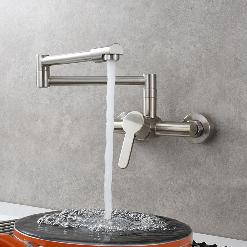 Brass Kitchen Folding Faucet Pot Filler Faucet Two Holes Wall Mount Faucet Hot and Cold Mixer Tap with Kitchen Sprayer - WELQUEEN HOME DECOR
