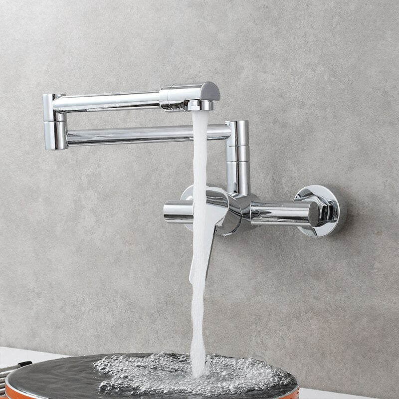 Brass Kitchen Folding Faucet Pot Filler Faucet Two Holes Wall Mount Faucet Hot and Cold Mixer Tap with Kitchen Sprayer - WELQUEEN HOME DECOR