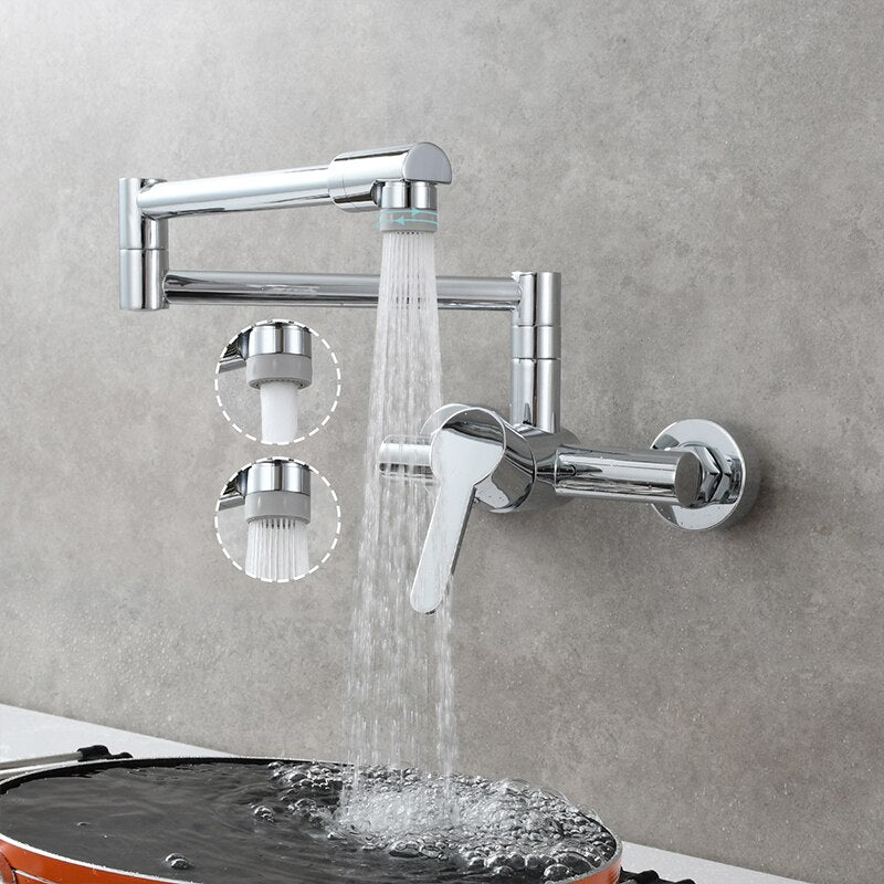 Brass Kitchen Folding Faucet Pot Filler Faucet Two Holes Wall Mount Faucet Hot and Cold Mixer Tap with Kitchen Sprayer - WELQUEEN HOME DECOR