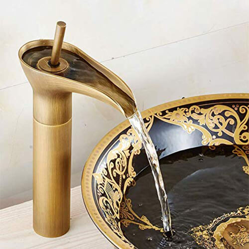 Classical Waterfall Basin Faucet | Single Handle Solid Brass Lavatory Faucet | Bathroom Sink Faucets In Antique Brass Finished - WELQUEEN