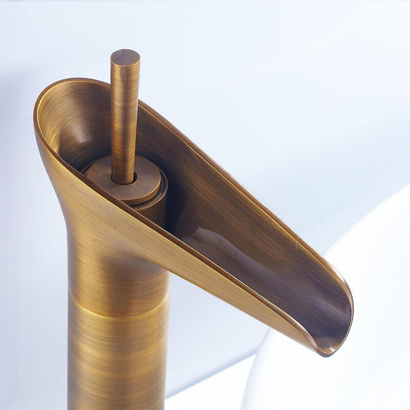 Classical Waterfall Basin Faucet | Single Handle Solid Brass Lavatory Faucet | Bathroom Sink Faucets In Antique Brass Finished - WELQUEEN