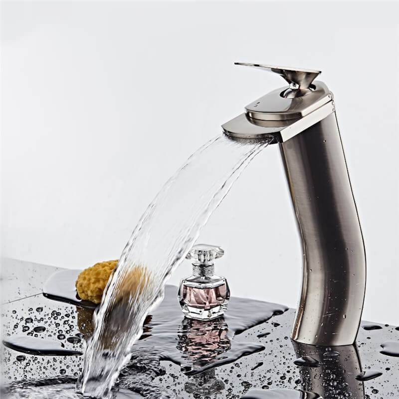 Single Handle Basin Faucet | Brass Waterfall Tall Body Basin Mixer | Brush Nickel Single Handle Single Hole Bathroom Sink Faucet - WELQUEEN