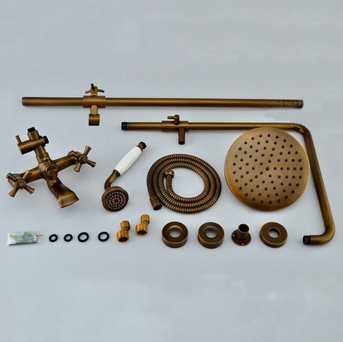 Antique Copper Shower Faucet | Luxury Bathroom Shower Faucet Set 8-inch Round Rainfall Shower Head + Hand Spray + Tub Tap - WELQUEEN
