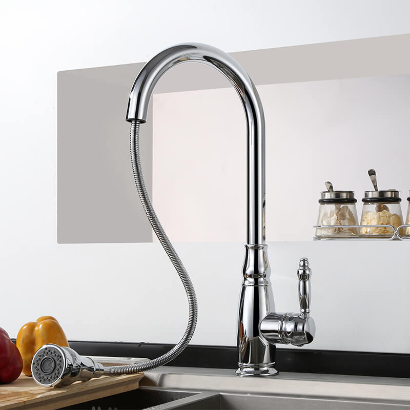 Solid Brass Pull Out Kitchen Faucet | Single Handle Kitchen Faucet | Multi-Function Sprayer Head 360 Degree Swivel Kitchen Sink Faucet - WELQUEEN