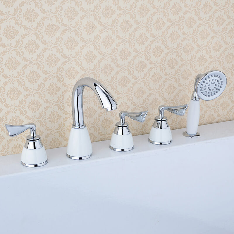 Brass Bathroom Tub Faucet | Deck Mounted Widespread 5 Holes Waterfall Bathtub Faucet - WELQUEEN