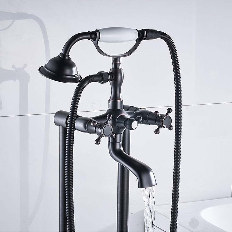 Antique Brass Floor Mounted Tub Sink Faucet Dual Handle Bathroom Bath Shower Set Freestanding Bathtub Mixer Tap with Handshower - WELQUEEN