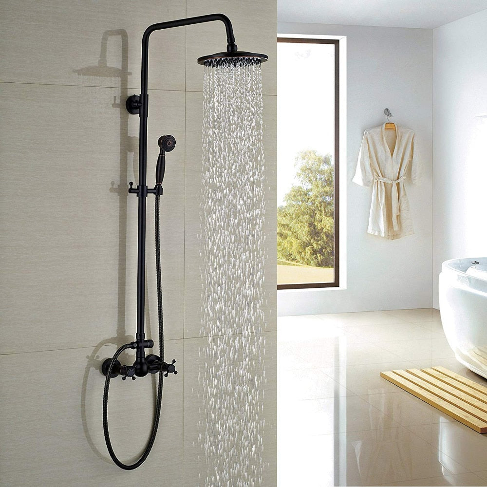 Bathroom Rainfall Shower Mixer Faucet Dual Handle Brass Black Shower Set Faucet Wall Mount Rainfall Shower Mixer Tap - WELQUEEN