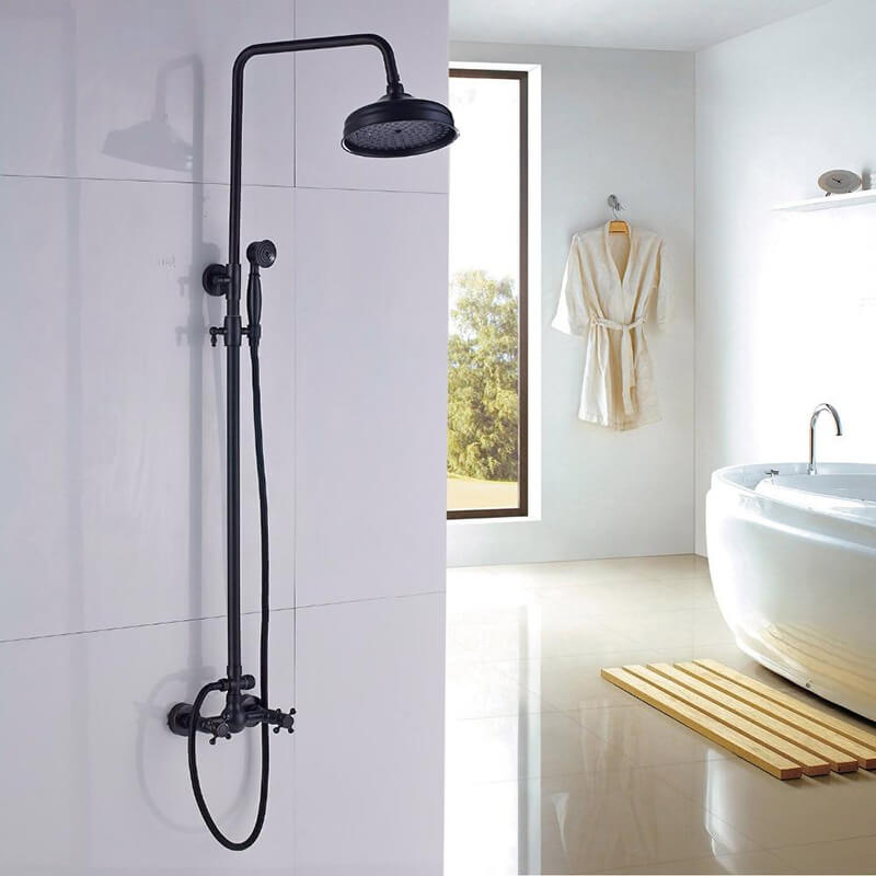 Bathroom Rainfall Shower Mixer Faucet Dual Handle Brass Black Shower Set Faucet Wall Mount Rainfall Shower Mixer Tap - WELQUEEN