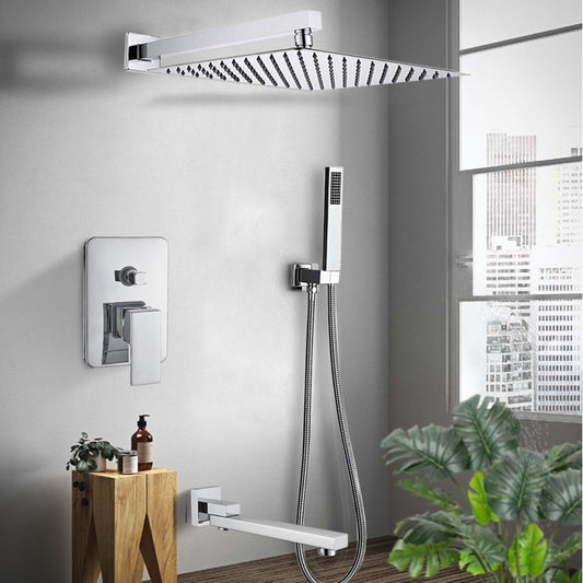 Wall Mount Rainfall Shower Faucet Set Chrome Bathroom Concealed Waterfall Shower System with Swivel tub Spout Mixer Tap - WELQUEEN