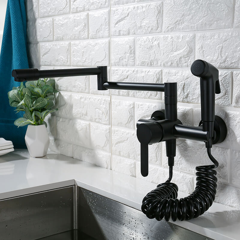 Foldable Kitchen Faucets Solid Brass Kitchen Sink Mixer Tap Hot & Cold Wall Mounted With Bidet Sprayer Rotating Sink Mixer - WELQUEEN